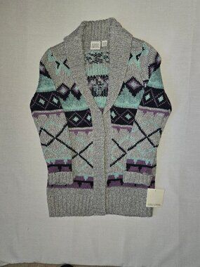 NWT Falls Creek Girls Gray Mint Purple Aztec Cardigan Sweater M 7/8